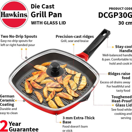 Hawkins Grill Pan 30cm Non Stick Square Ceramic Coated Pan + Glass Lid Sandwich Grilling