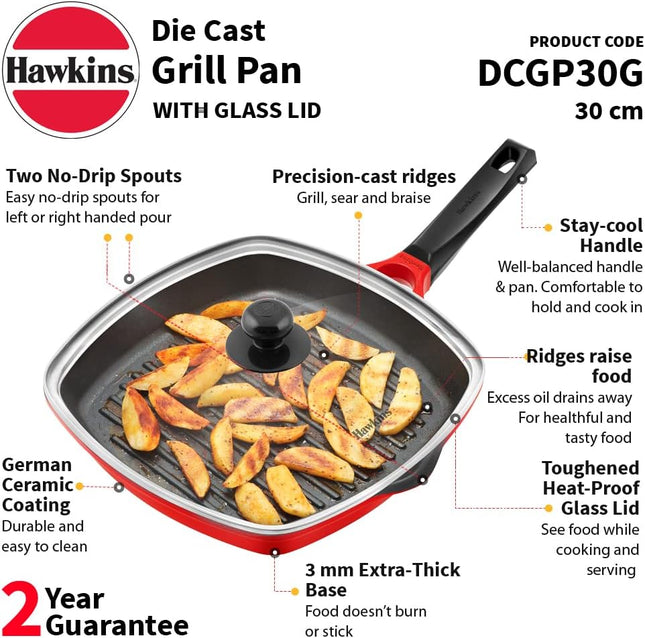 Hawkins Grill Pan 30cm Non Stick Square Ceramic Coated Pan + Glass Lid Sandwich Grilling