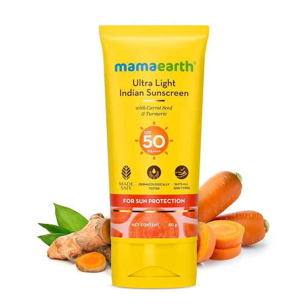 Mamaearth Ultra Light Indian Sunscreen with Carrot Seed & Turmeric|SPF 50 PA ++++|UVA & UVB Protection|No White Cast|Non-Greasy & Quick Absorbing|Super Lightweight|Suits All Skin Types|80 g , With Mulberry Extract & Vitamin C - 30ml
