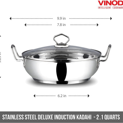 VINOD Stainless Steel Kadai + Glass Lid Deep Indian Kadhai Pan 18cm 20cm 24cm 26cm 30cm Heavy Duty Frying Curries  Stir Fry GAS Induction Compatible Cooking