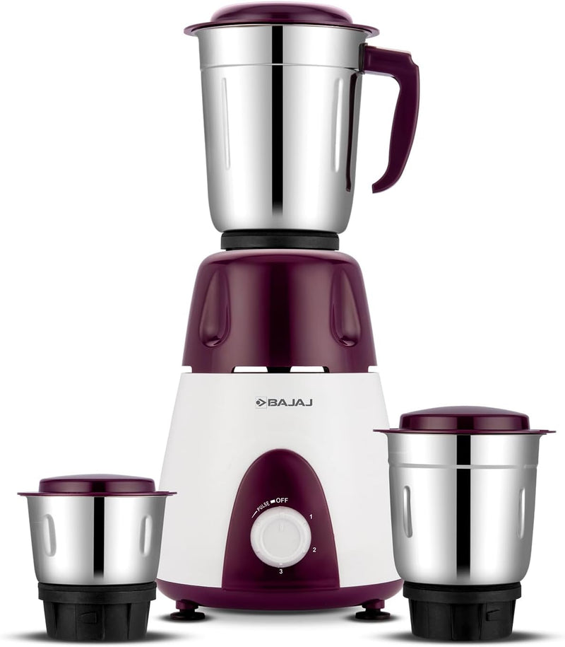 Bajaj Rex 500W Mixer Grinder Indian with Nutri-Pro Feature, 3 Jars, White, Purple + UK or EU Plug.