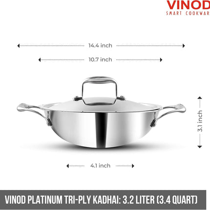 VINOD Platinum Triply Stainless Steel Deep Kadhai Kadai + Lid 26cm 28cm 30cm GAS Induction