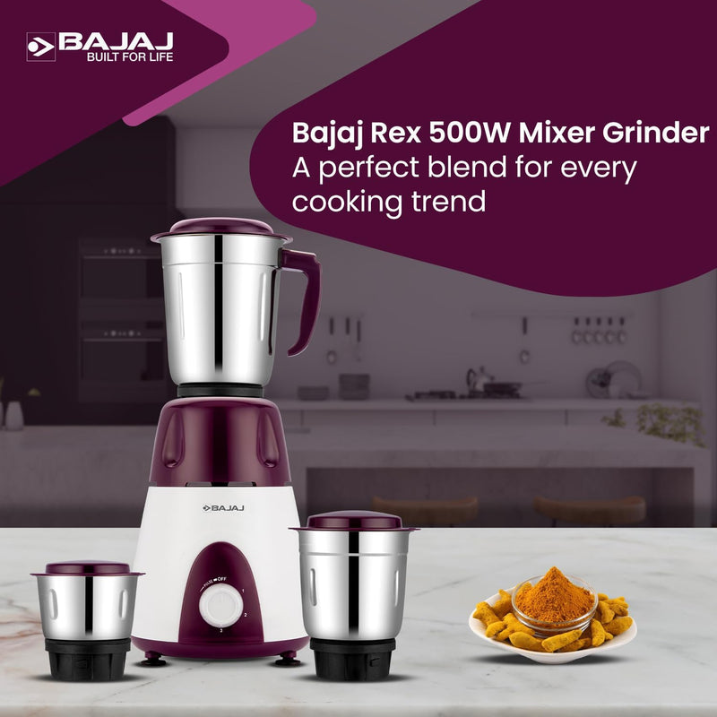 Bajaj Rex 500W Mixer Grinder Indian with Nutri-Pro Feature, 3 Jars, White, Purple + UK or EU Plug.