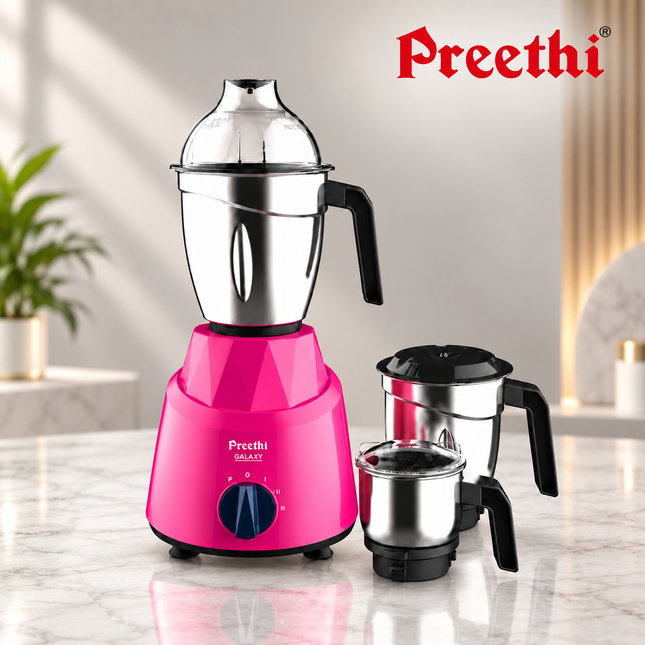 Preethi Galaxy MG225 750W Indian Mixer Grinder Mixie Blender 3 Steel Jars Pink