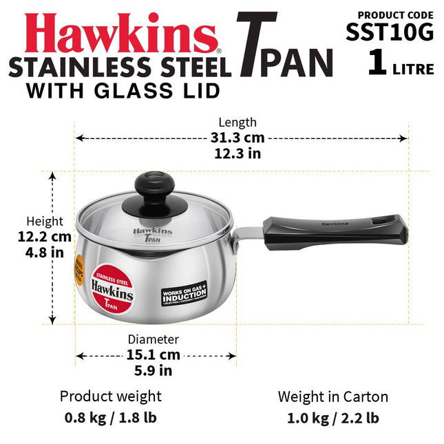 Hawkins Stainless Steel TPan 1L 1.5L 2L Saucepan Glass Lid Induction Gas