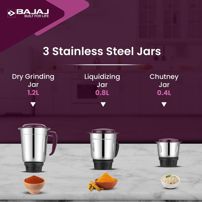 Bajaj Rex 500W Mixer Grinder Indian with Nutri-Pro Feature, 3 Jars, White, Purple + UK or EU Plug.