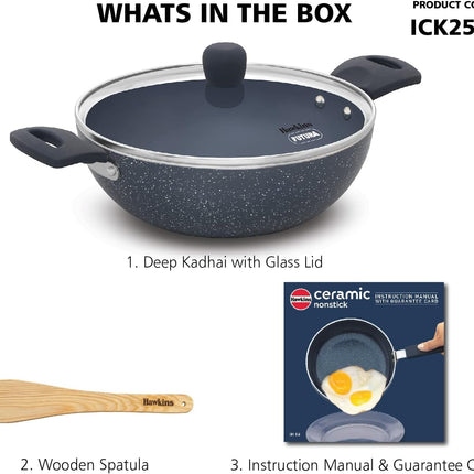 Hawkins Ceramic Non Stick Deep Kadhai 2.5L 3.5L + Glass Lid Granite Finish GAS Induction Compatible
