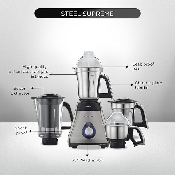 Preethi Steel Supreme Mixer Grinder for Kitchen, 750 Watt Mixie, 4 jars - Super Extractor juicer Jar Black & Silver