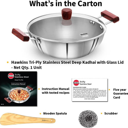 Hawkins Tri Ply Stainless Steel Deep Kadhai 4L 5L Glass Lid Induction Compatible
