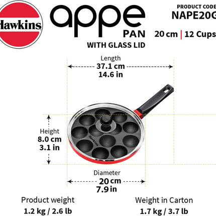 Hawkins Non Stick Appe Pan 20cm 24cm 12 Cup Paniyaram Pan Glass Lid