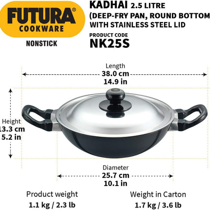 Hawkins Futura Non Stick Deep Fry Pan 2.5L 4L Hard Anodised Aluminium Pan + Lid