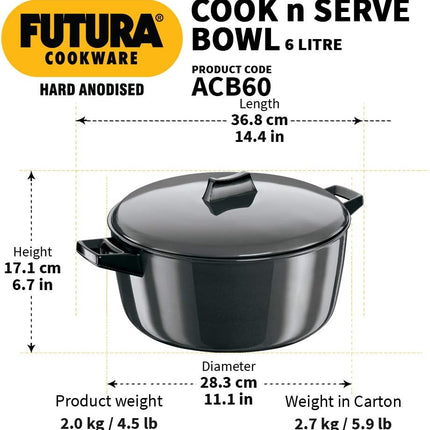 Hawkins Futura Hard Anodised Cook-n-Serve Bowl + Lid – 2L, 3L, 4L, 6L Casserole Pot
