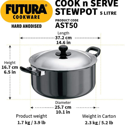 Hawkins Futura Hard Anodised Stewpot 2.25L 5L Aluminium Cookware + Lid