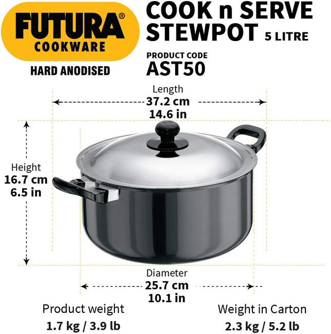 Hawkins Futura Hard Anodised Stewpot 2.25L 5L Aluminium Cookware + Lid