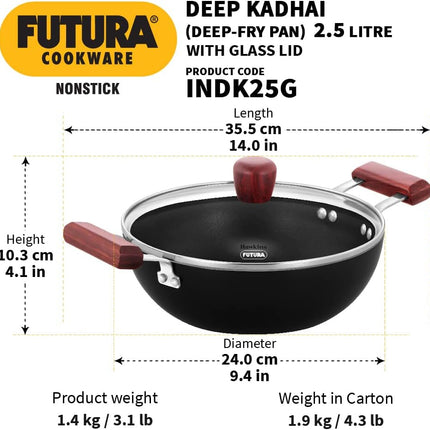 Hawkins Futura 2.5L Non Stick Deep Kadhai Glass Lid Induction Gas Compatible