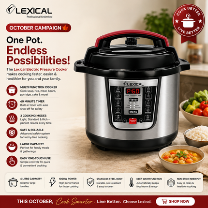 Lexical Germany 6L Electric Pressure Cooker 1000W Digital Multi Cookware EU Plug