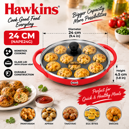 Hawkins Non Stick Appe Pan 20cm 24cm 12 Cup Paniyaram Pan Glass Lid