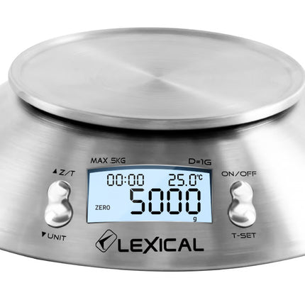 Lexical Germany Digital Kitchen Scale 5kg Food Weighing Stainless Steel Bowl LCD Display Timer & Temperature Sensor