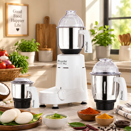 Preethi Eco Plus MG 138 550W Indian Mixer Grinder 110V with 3 Stainless Steel Jars for Spices Chutney Masala and Indian Cooking