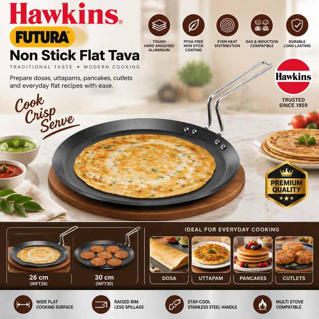 Hawkins Futura Hard Anodised Non Stick Flat Tava 26cm 30cm Induction Compatible Dosa Griddle Pan
