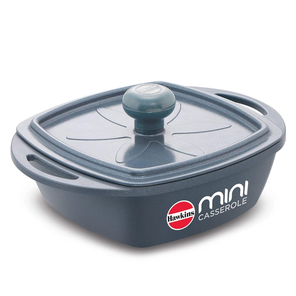 Hawkins 0.75 Litre Mini Casserole with Lid Square Series Die-Cast pan for Cooking Reheating Serving and Storing (Grey , Red , Yellow)
