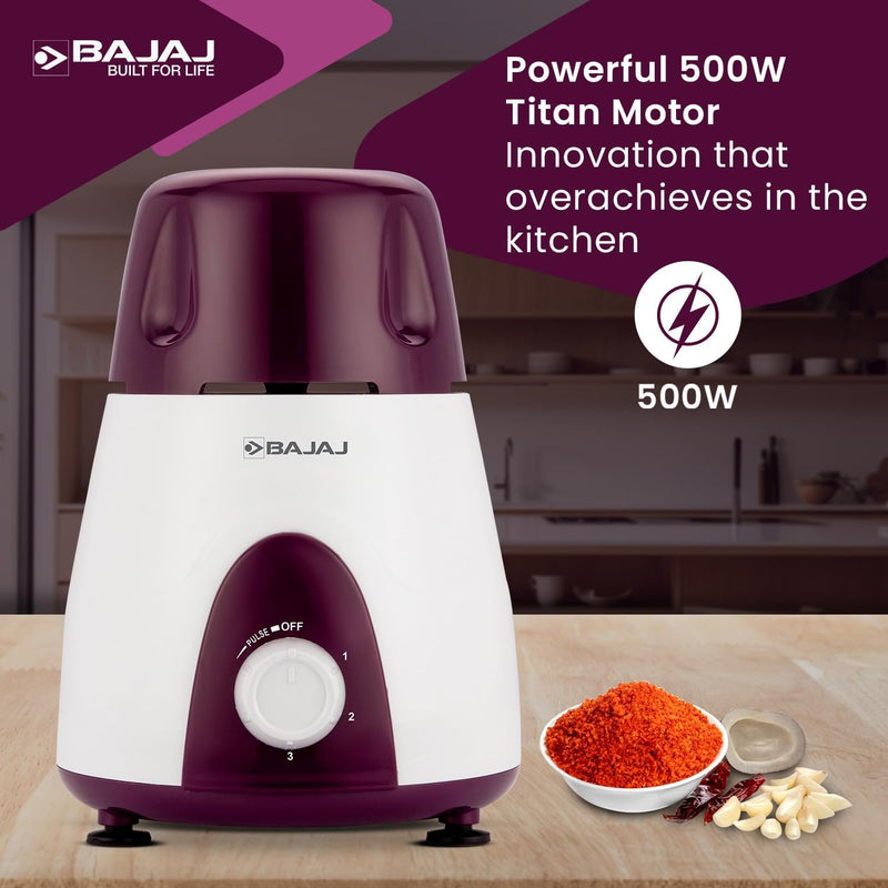 Bajaj Rex 500W Mixer Grinder Indian with Nutri-Pro Feature, 3 Jars, White, Purple + UK or EU Plug.