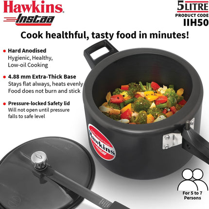 Hawkins Instaa Hard Anodised Pressure Cooker 3L 5L Induction Compatible Inner Lid Black Cooker