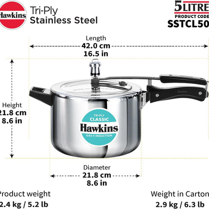 Hawkins Classic 5 Litre Triply Stainless Steel Pressure Cooker Inner Lid Induction Compatible Heavy Duty
