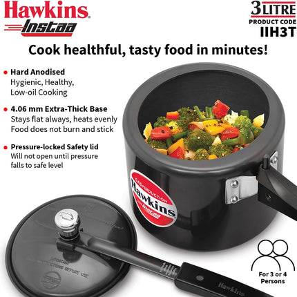 Hawkins Instaa Hard Anodised Pressure Cooker 3L 5L Induction Compatible Inner Lid Black Cooker