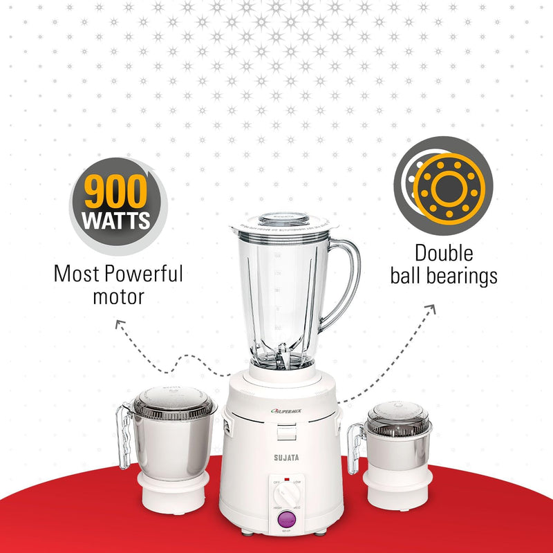 Sujata Supermix 900 Watts Mixer Grinder | 22000 Rotations Per Min | 90 Minutes Continuous Running | 3 Versatile Jars 1750 ml, 1000 ml and 400 ml