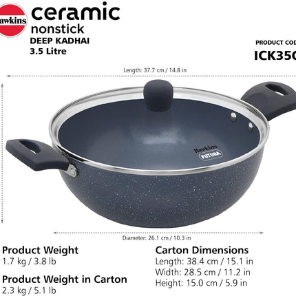 Hawkins Ceramic Non Stick Deep Kadhai 2.5L 3.5L + Glass Lid Granite Finish GAS Induction Compatible