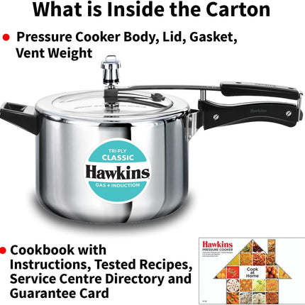 Hawkins Classic 5 Litre Triply Stainless Steel Pressure Cooker Inner Lid Induction Compatible Heavy Duty