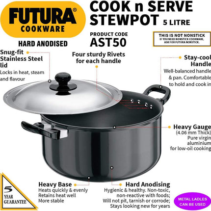Hawkins Futura Hard Anodised Stewpot 2.25L 5L Aluminium Cookware + Lid