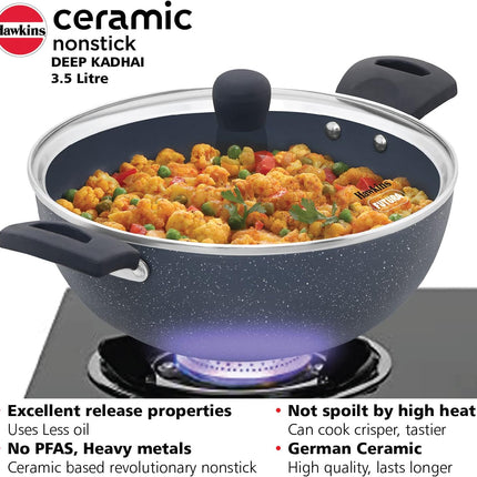 Hawkins Ceramic Non Stick Deep Kadhai 2.5L 3.5L + Glass Lid Granite Finish GAS Induction Compatible