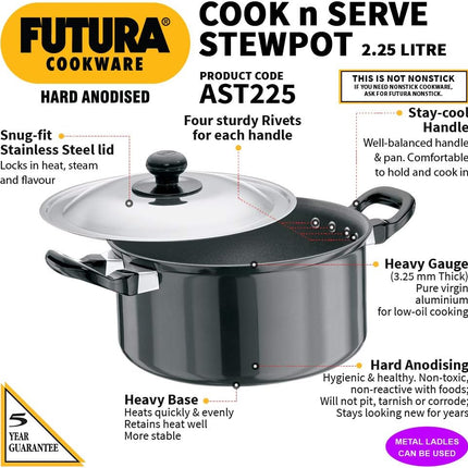Hawkins Futura Hard Anodised Stewpot 2.25L 5L Aluminium Cookware + Lid