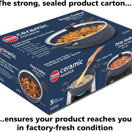 Hawkins Ceramic Non Stick Deep Kadhai 2.5L 3.5L + Glass Lid Granite Finish GAS Induction Compatible