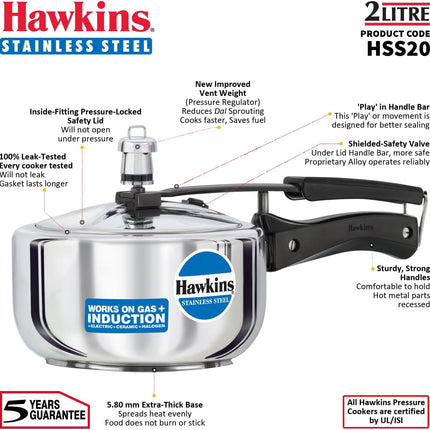 Hawkins Stainless Steel Pressure Cooker 2L 3L 4L 5L 6L Induction Gas Electric Compatible