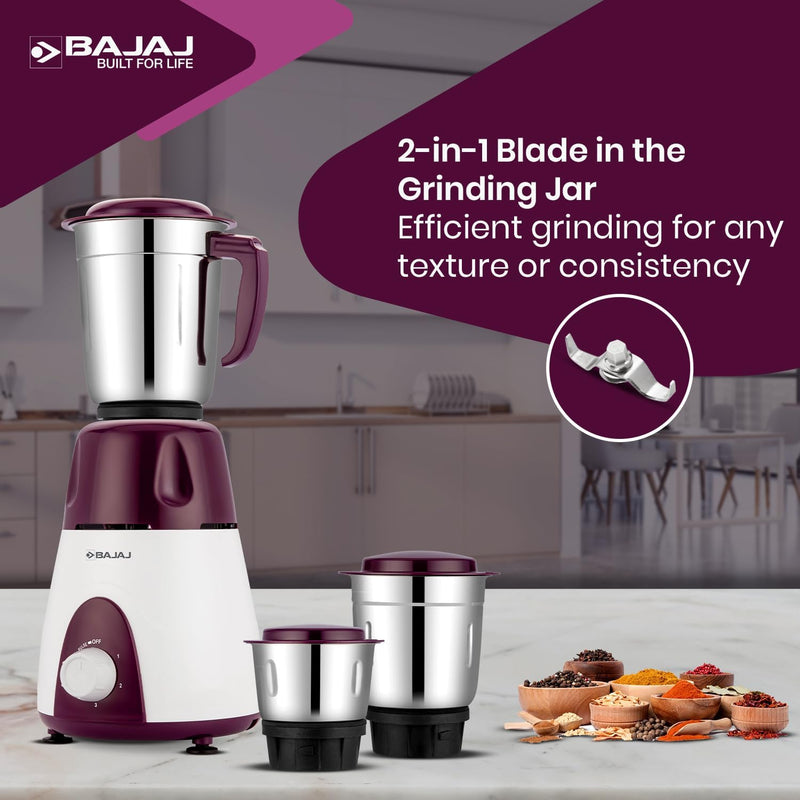 Bajaj Rex 500W Mixer Grinder Indian with Nutri-Pro Feature, 3 Jars, White, Purple + UK or EU Plug.