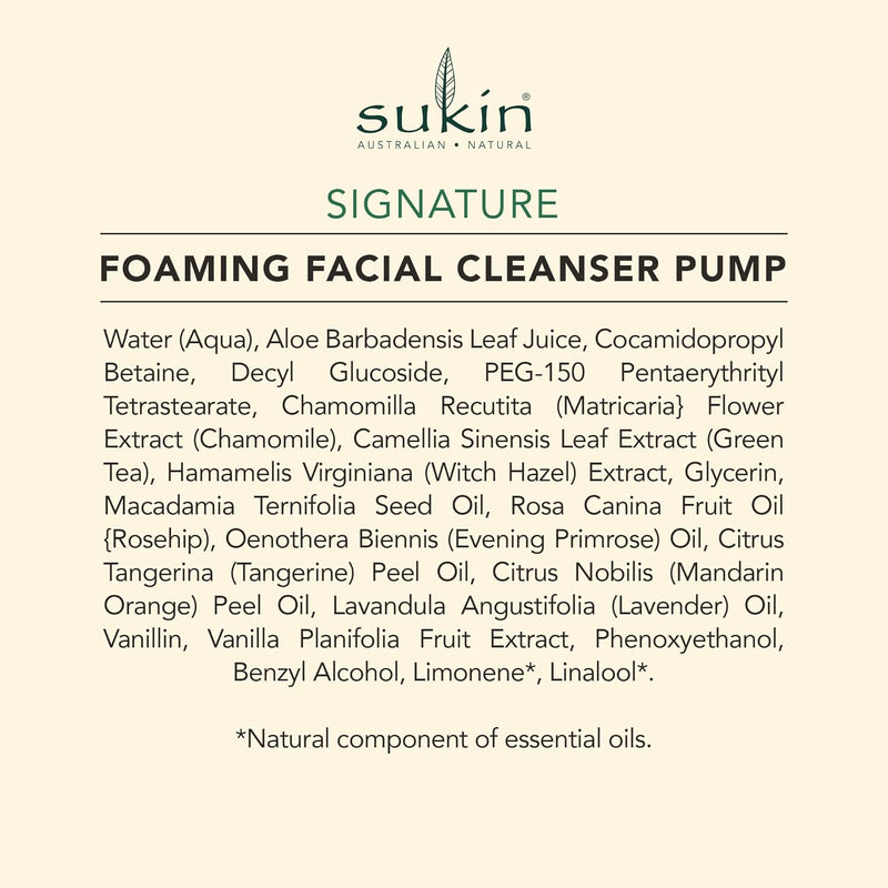 Sukin Australian Natural Foaming Facial Cleanser Pump, Gentle Gel Cleanser with Green Tea, Aloe Vera & Chamomile to Purify, Soothe & Tighten Skin, 4.23 Fl Oz