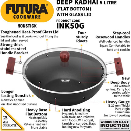 Hawkins Futura Hard Anodised Non Stick Deep Kadhai 3.5L 5L Induction Compatible Flat Bottom Cooking Pan