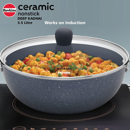 Hawkins Ceramic Non Stick Deep Kadhai 2.5L 3.5L + Glass Lid Granite Finish GAS Induction Compatible