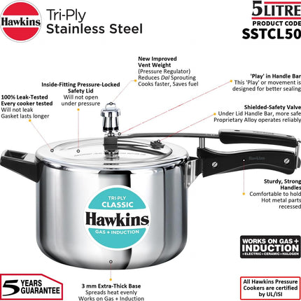Hawkins Classic 5 Litre Triply Stainless Steel Pressure Cooker Inner Lid Induction Compatible Heavy Duty
