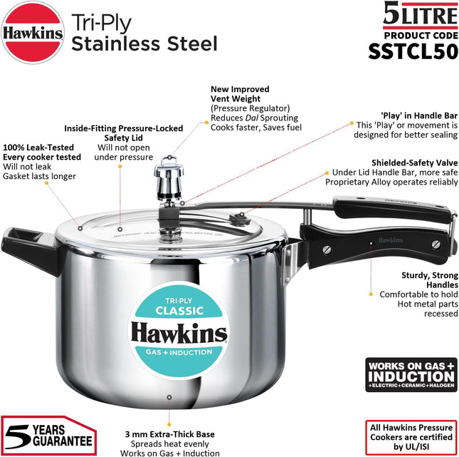 Hawkins Classic 5 Litre Triply Stainless Steel Pressure Cooker Inner Lid Induction Compatible Heavy Duty