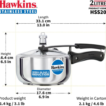Hawkins Stainless Steel Pressure Cooker 2L 3L 4L 5L 6L Induction Gas Electric Compatible