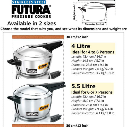 Hawkins Futura Stainless Steel Pressure Cooker 5.5L Inner Lid Induction Compatible Cooker
