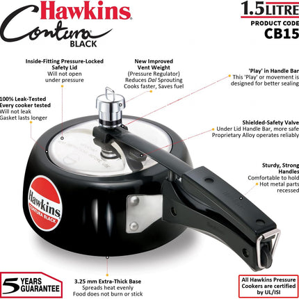 Hawkins Contura Hard Anodized Pressure Cooker 1.5L to 6.5L Curved Body Energy Efficient Cooker