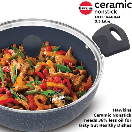 Hawkins Ceramic Non Stick Deep Kadhai 2.5L 3.5L + Glass Lid Granite Finish GAS Induction Compatible