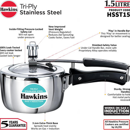 Hawkins Triply Stainless Steel Pressure Cooker 1.5L 2.5L 3.5L 4.5L 7L 3mm Steel Inner Lid Induction Compatible