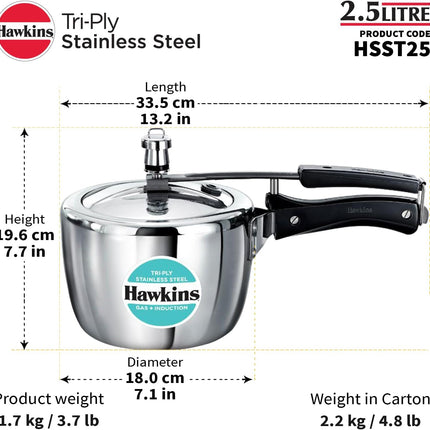 Hawkins Triply Stainless Steel Pressure Cooker 1.5L 2.5L 3.5L 4.5L 7L 3mm Steel Inner Lid Induction Compatible