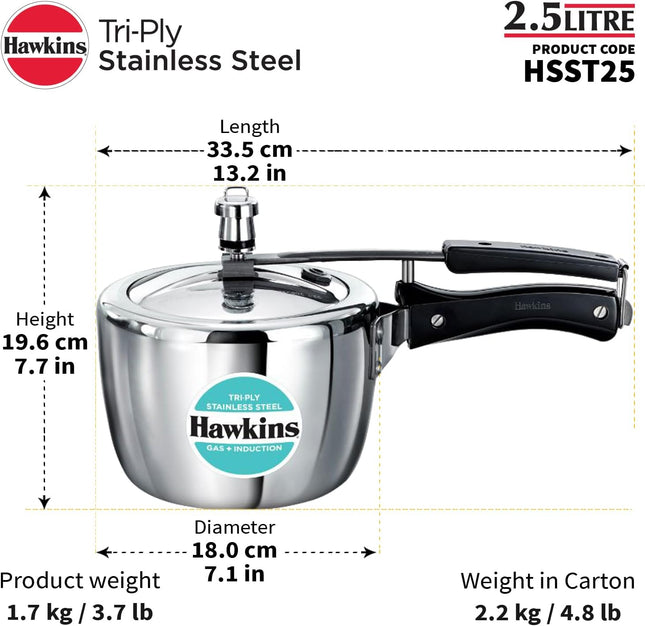 Hawkins Triply Stainless Steel Pressure Cooker 1.5L 2.5L 3.5L 4.5L 7L 3mm Steel Inner Lid Induction Compatible
